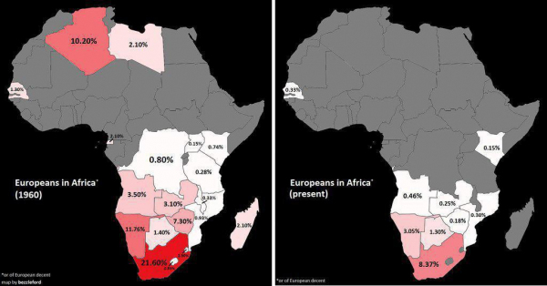 Процент европейцев среди жителей стран Африки в 1960-е и сейчас