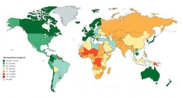 Сколько еще проживут те, кому сейчас 60 лет? Средние данные по странам на карте Мира
