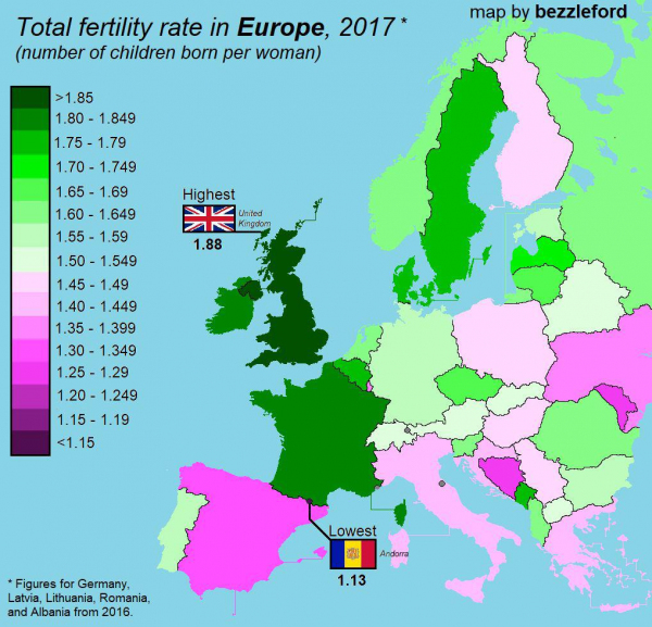 Карта рождаемости в странах Европы. Среднее количество детей рождённых одной женщиной