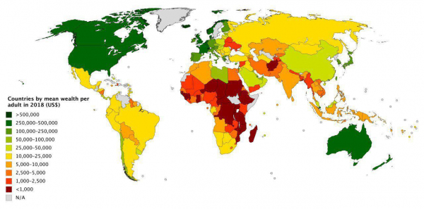 Среднее (не путать с медианным) благосостояние на одного жителя в US$, 2018. Оцените масштаб контрастов