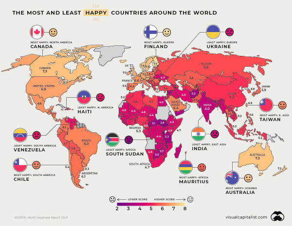 Индекс счастья по странам и регионам мира