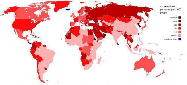 Сколько человек на 1000 населения служат в войсках по странам мира