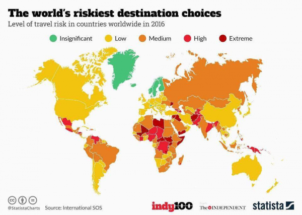 Уровень риска посещения стран мира. Скандинавские страны самые безопасные