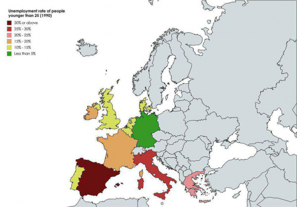 Безработица молодых людей до 25 лет в некоторых европейских странах