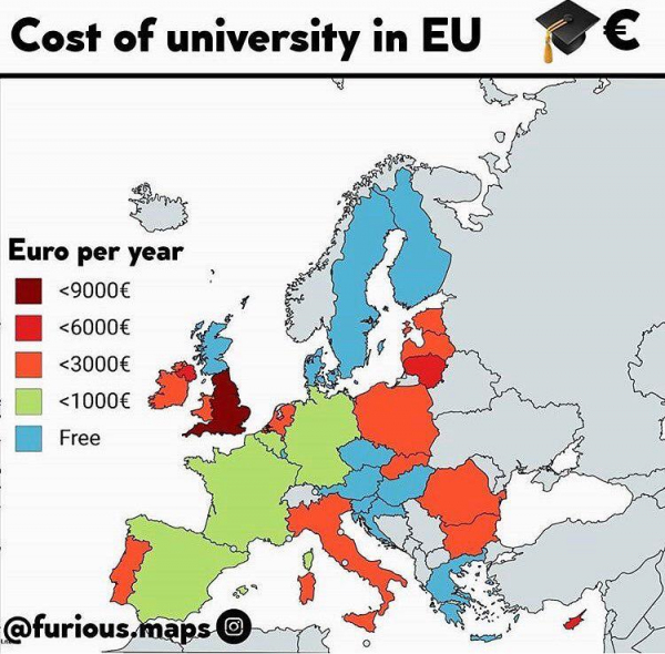 Цена на обучение в университетах в Европе. Цена за год обучения