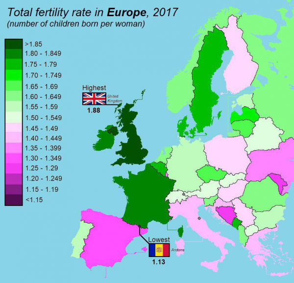 Карта рождаемости в странах Европы. Среднее количество детей рождённых одной женщиной