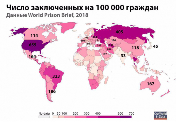 Число заключенных в странах на 100 000 граждан