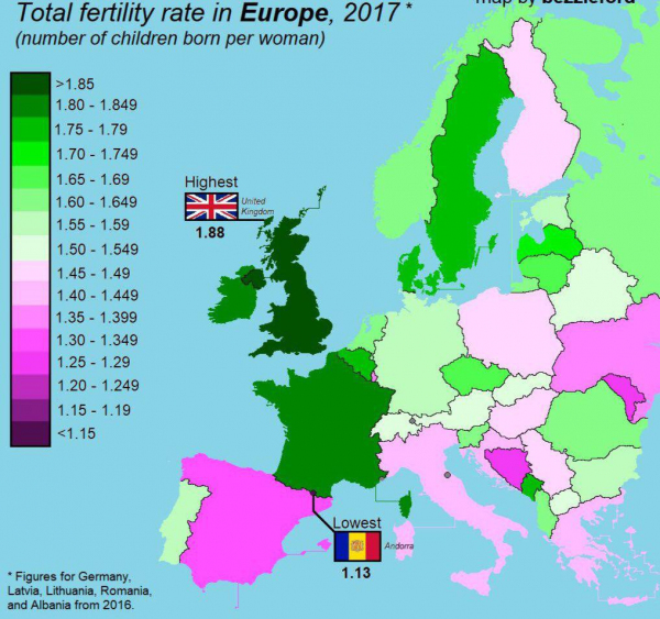 Карта рождаемости в странах Европы. Среднее количество детей рождённых одной женщиной