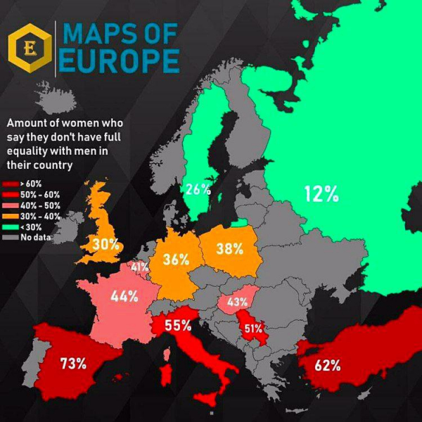 Процент женщин в странах Европы, чувствующих себя лишенными прав по сравнению с мужчинами