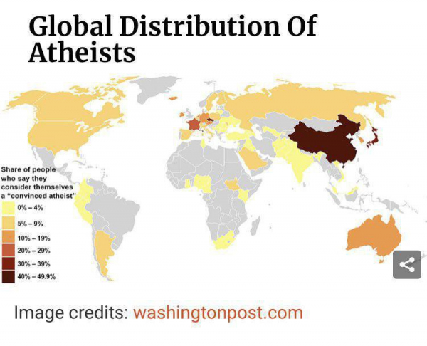 Процент атеистов в мире. Больше всего их в Китае
