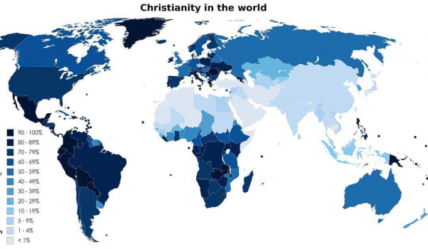 Процент христиан в мире.  В Азии их меньше всего