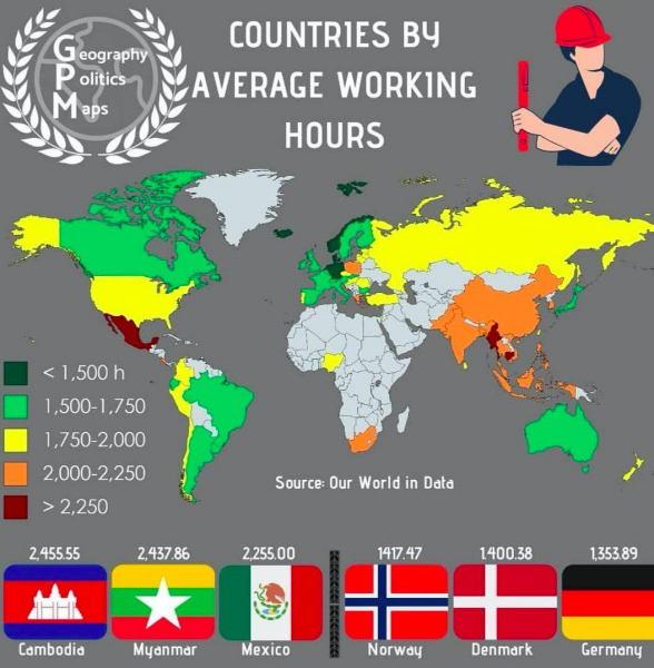 Среднее количество рабочих часов в год по странам мира