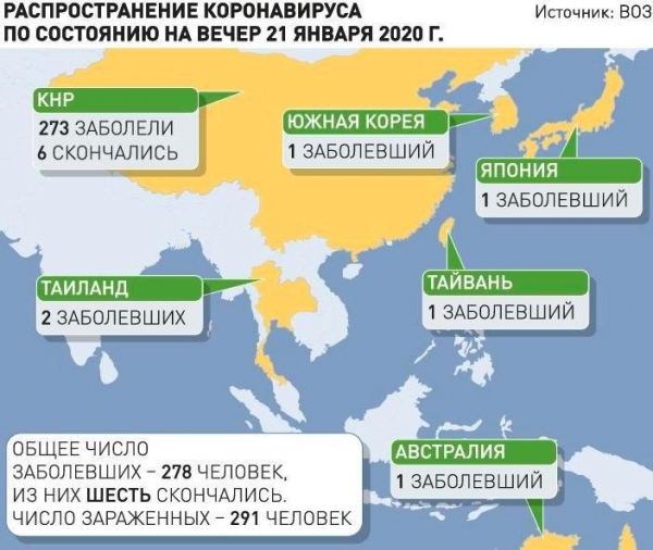 Распространение коронавируса из Китая по состоянию на вечер 21 января