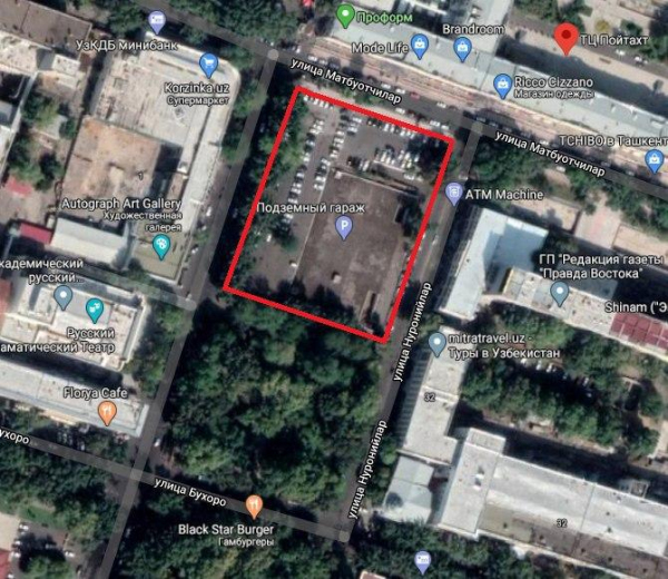 Территорию автостоянки у торгового центра Poytaxt в Ташкенте передали чешской компании для строительства 9-этажного здания