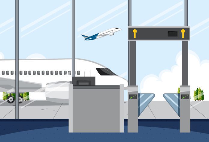 Empty airport boarding gate with view of airplane